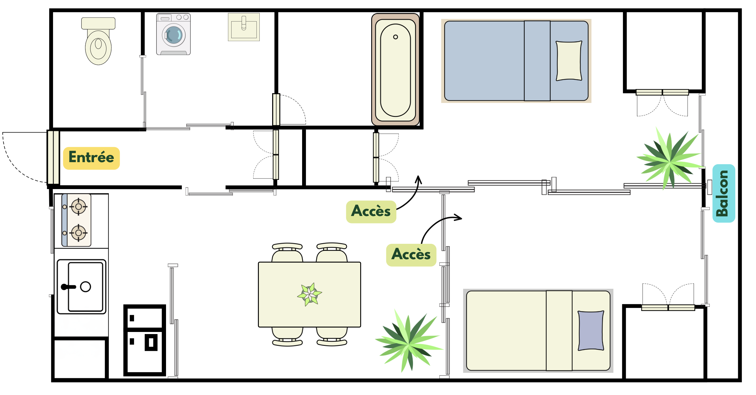 Plan commun aux cinq appartements Sen-Kita : deux chambres individuelles avec un lit chacune, cuisine, coin repas, salle d’eau et balcon